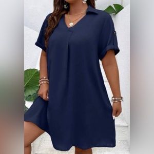 Plus Solid Roll Up Sleeve Dress Navy blue